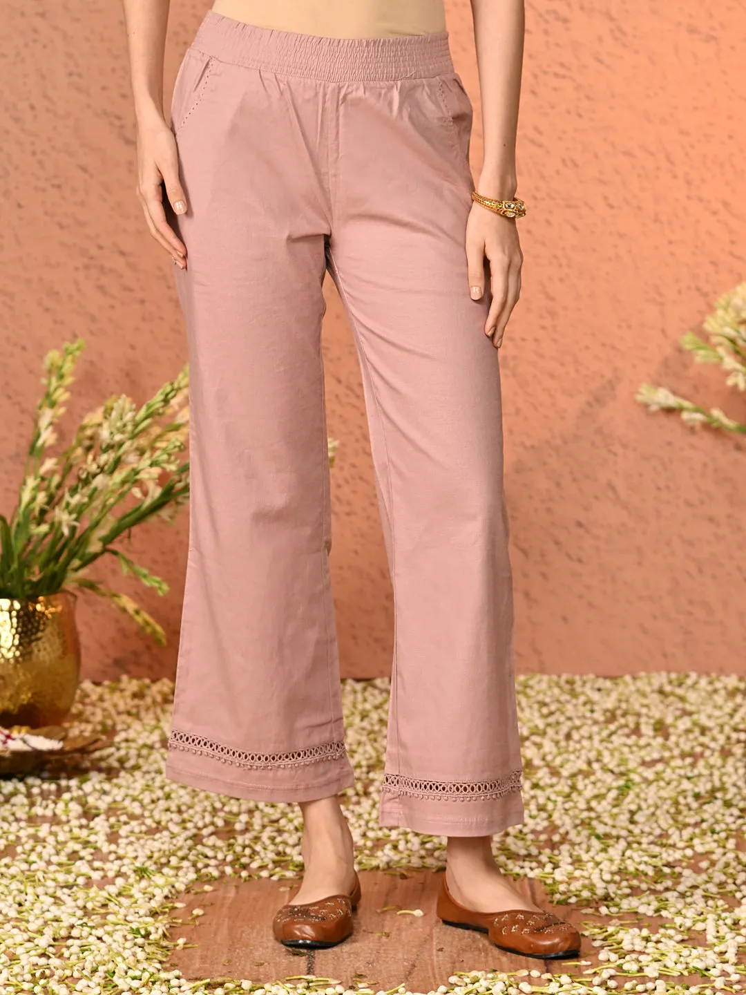 Haya Salmon Rose Red Cotton Linen Classic Fit Pants for Women