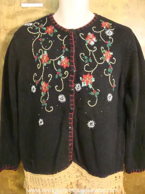 Holly and Poinsettias Ugly Sweater with Fringe