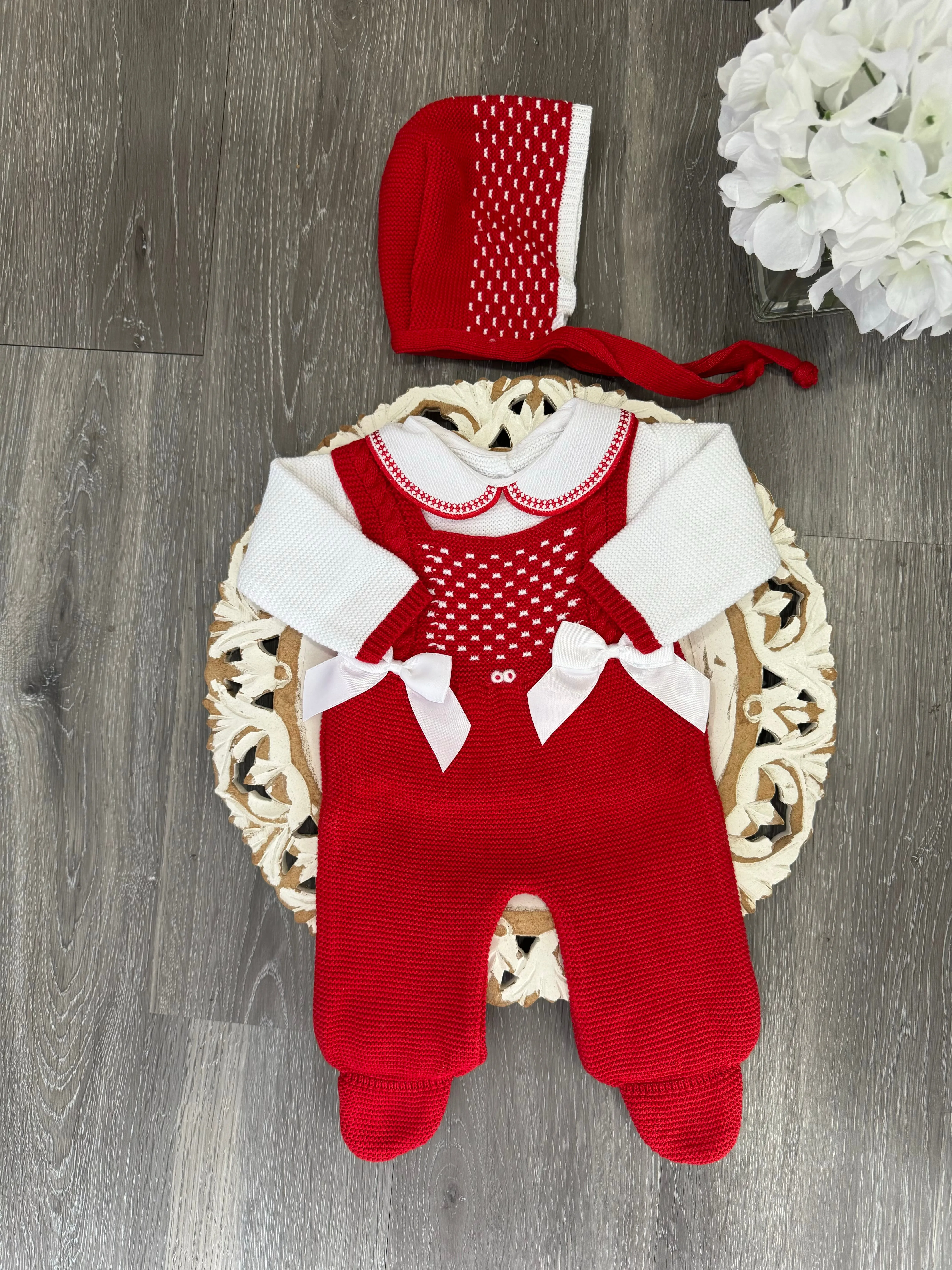 Honeycomb Pattern knit Romper Knitted Set in Red and White