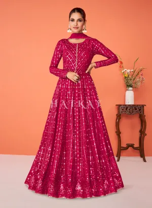 Hot Pink Sequence Embroidered Flared Anarkali Suit