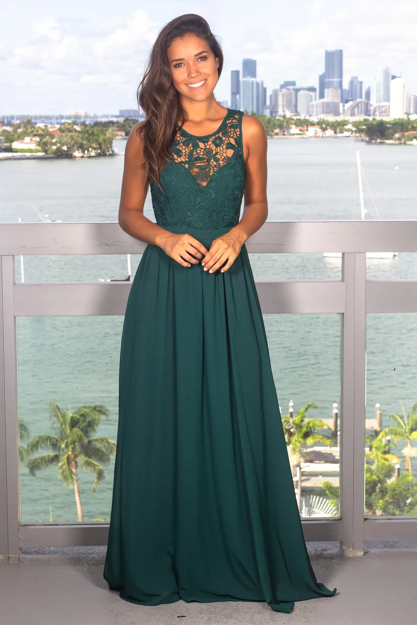 Hunter Green Crochet Maxi Dress with Open Back