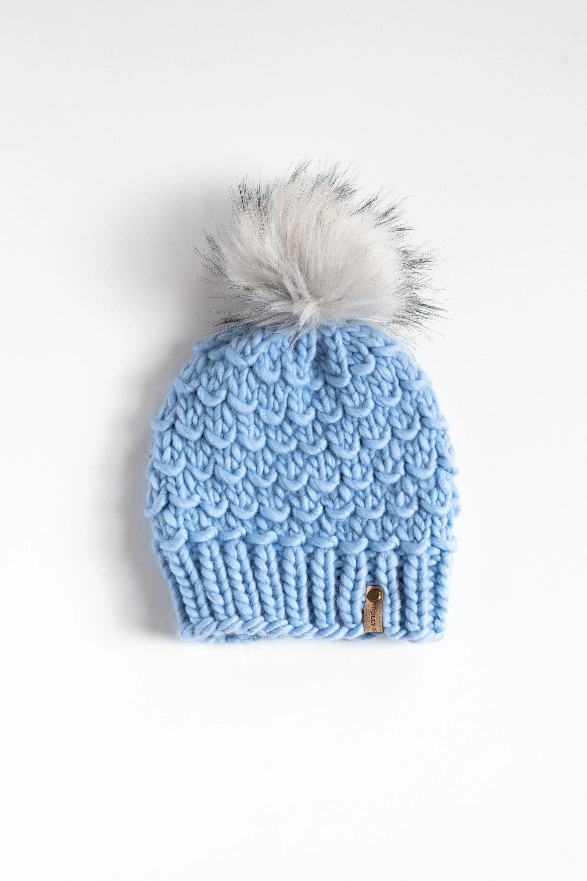 Icy Blue Peruvian Wool Knit Hat with Faux Fur Pom Pom