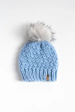 Icy Blue Peruvian Wool Knit Hat with Faux Fur Pom Pom