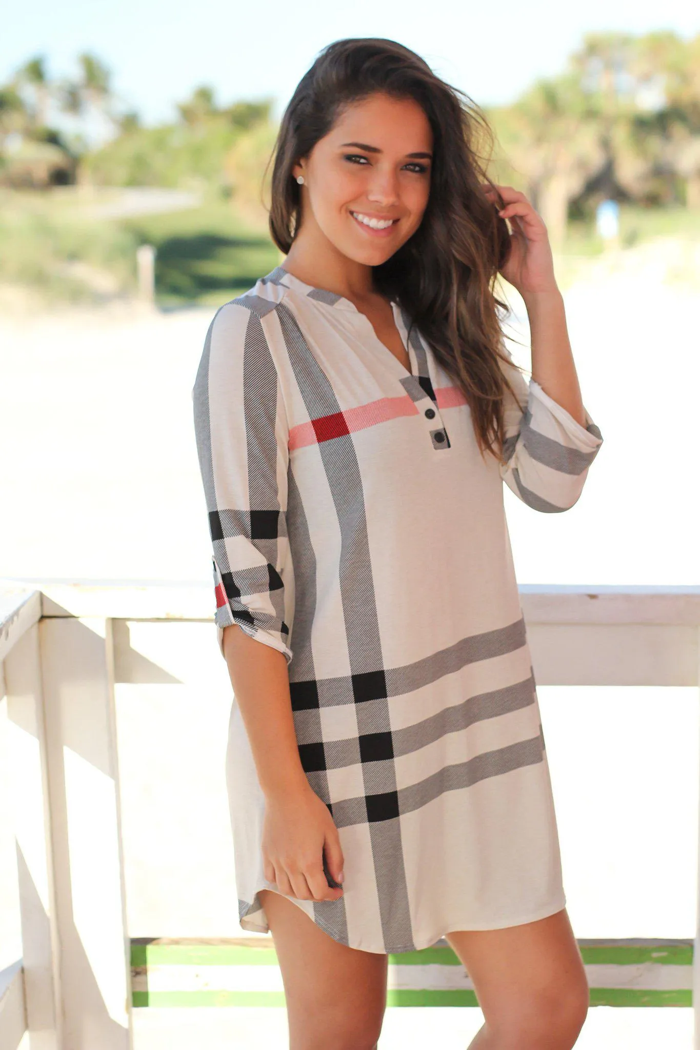 Ivory Check Print Short Dress with 3/4 Sleeves