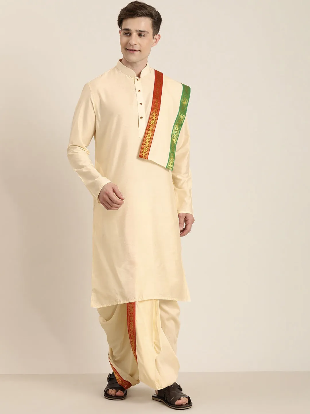 Jashvi Men's Cream Cotton Blend Kurta Dhoti And Dupatta Set