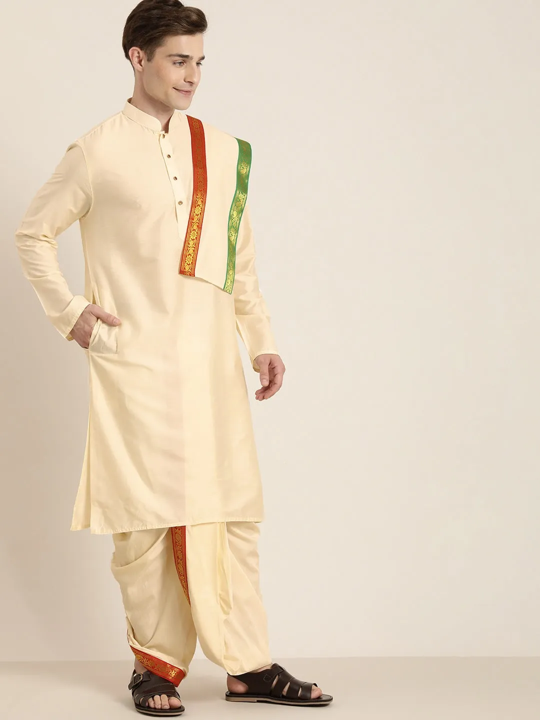 Jashvi Men's Cream Cotton Blend Kurta Dhoti And Dupatta Set