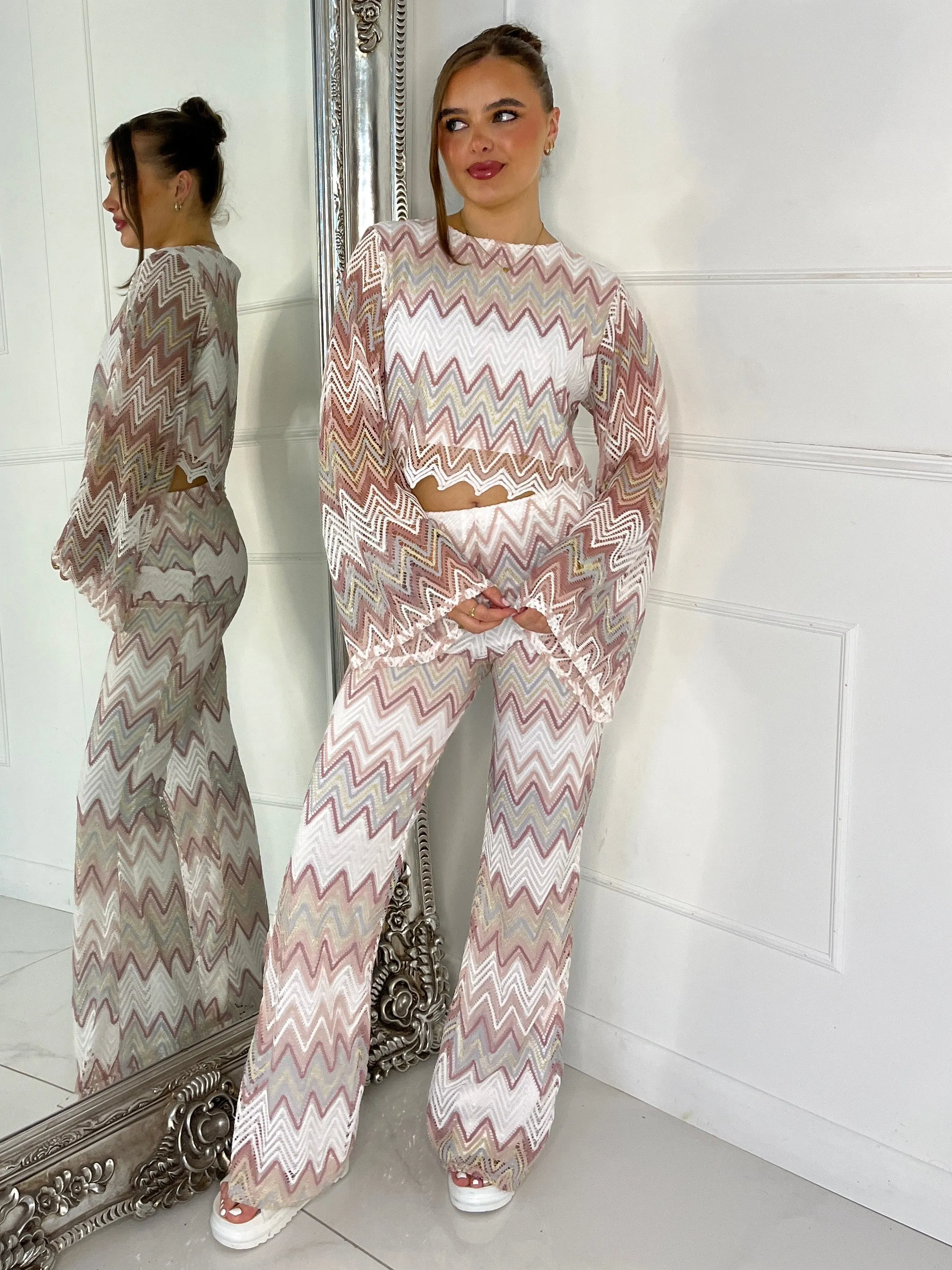 Knitted Crochet Flared Sleeve Top & Flared Pants Co-ord - White/Beige