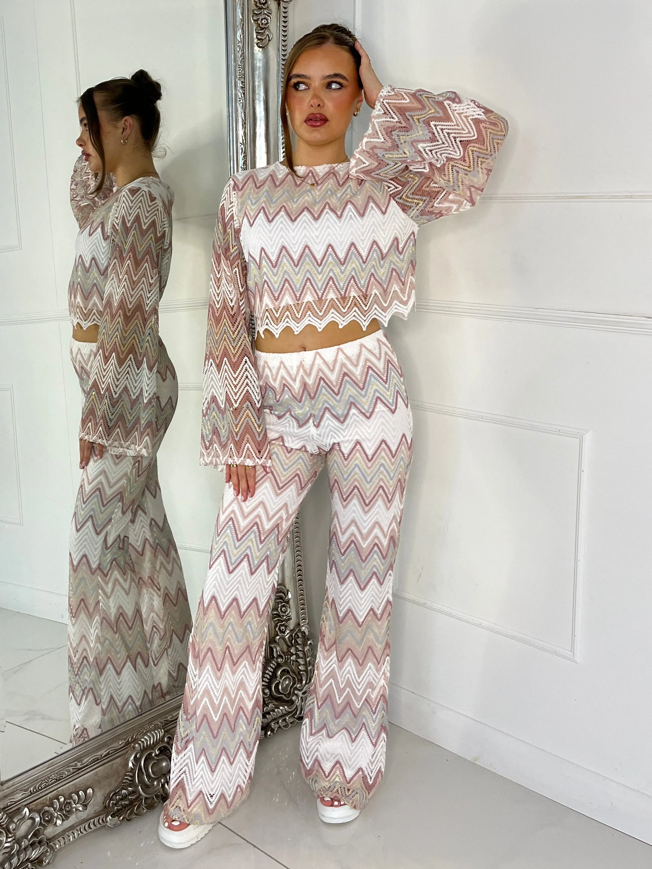 Knitted Crochet Flared Sleeve Top & Flared Pants Co-ord - White/Beige