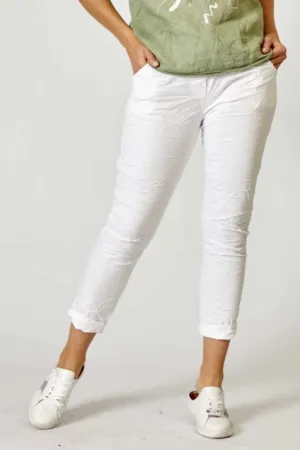 La Strada Shimmer Crinkle Roll Up Pants White