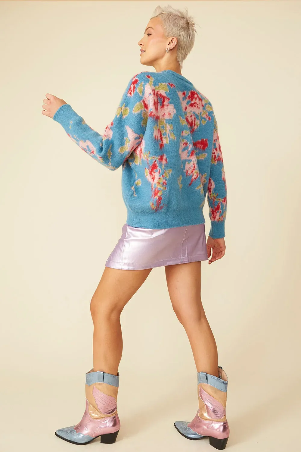 Ladies Banana Peel Blend Floral Blue Jumper