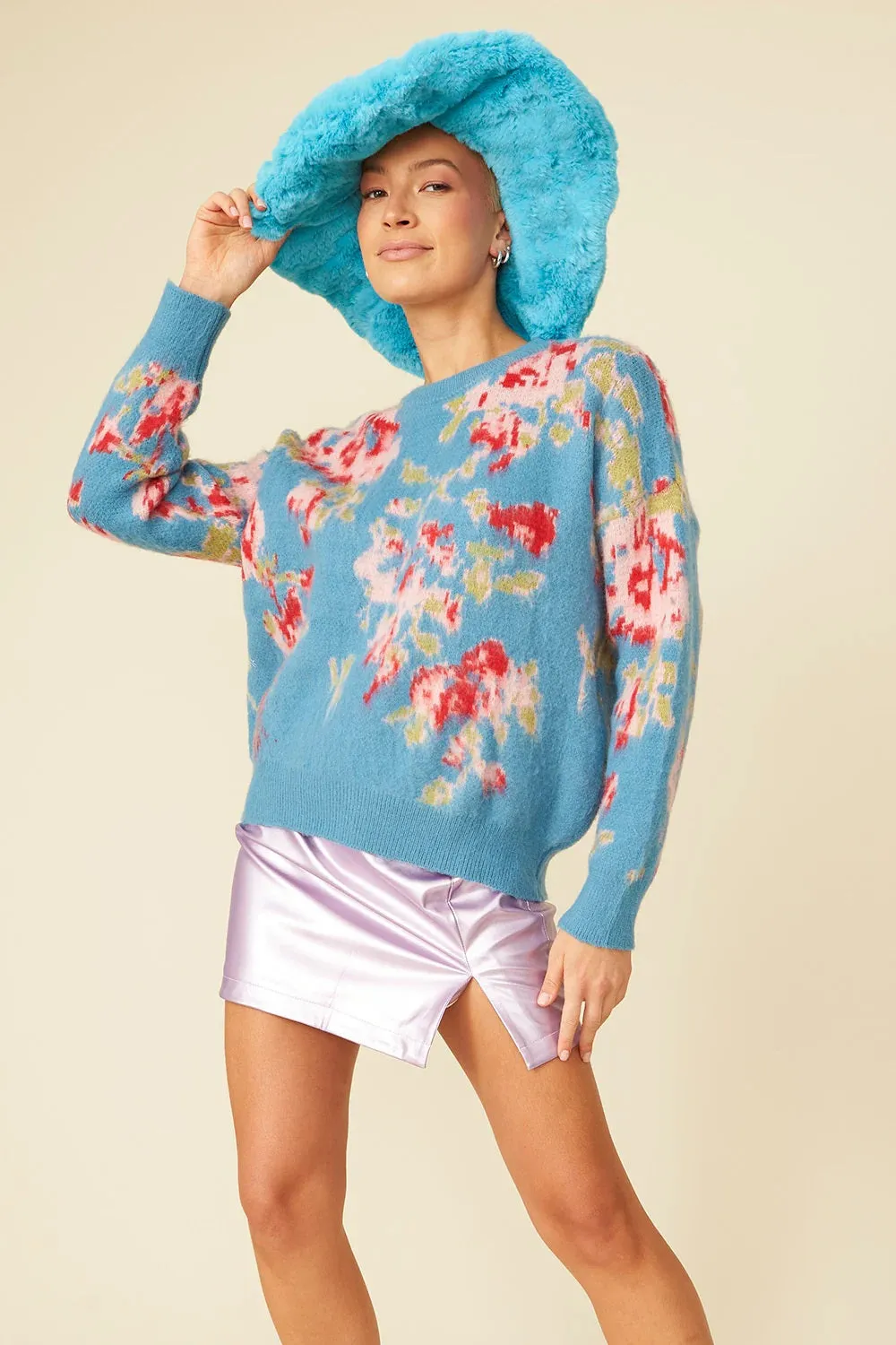 Ladies Banana Peel Blend Floral Blue Jumper