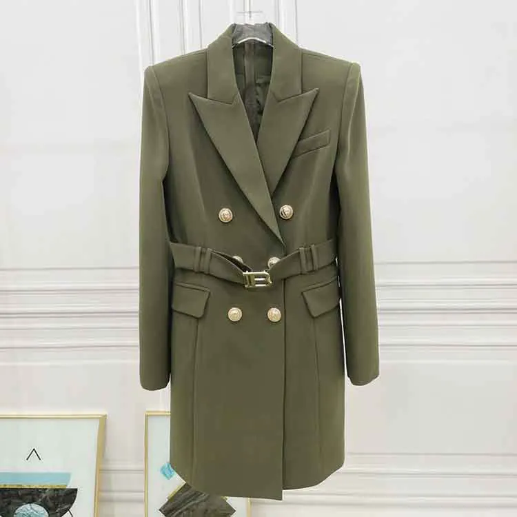 Ladies Belted Double Breasted Blazer Dress Long Sleeves Coat