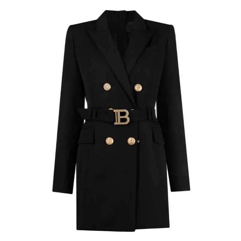 Ladies Belted Double Breasted Blazer Dress Long Sleeves Coat