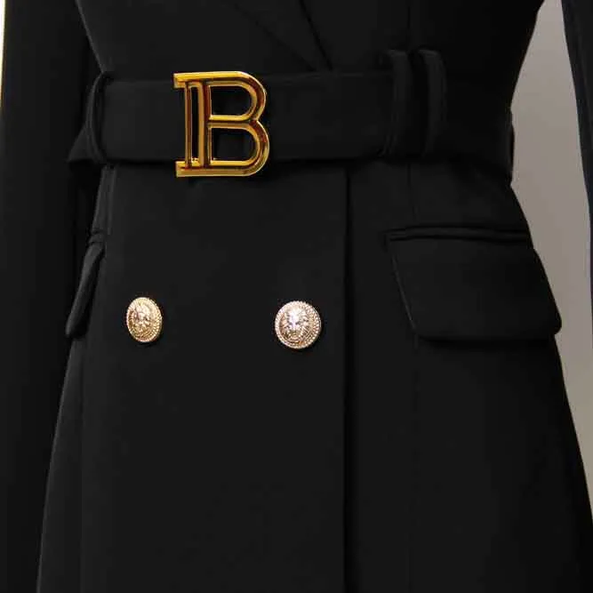 Ladies Belted Double Breasted Blazer Dress Long Sleeves Coat