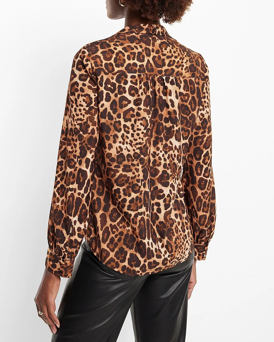 Leopard Print Long Sleeve Tie Neck Portofino Shirt in Print