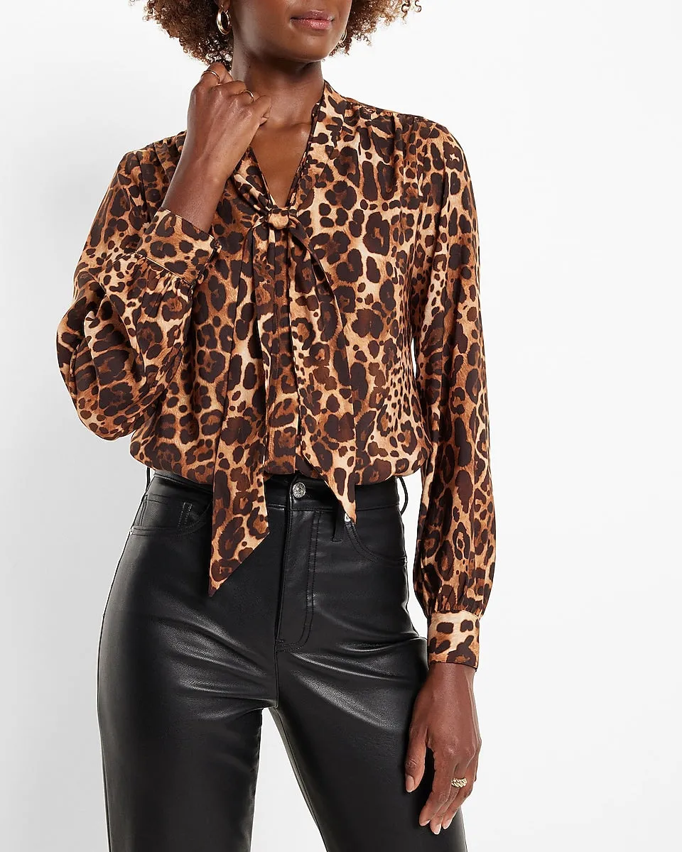 Leopard Print Long Sleeve Tie Neck Portofino Shirt in Print