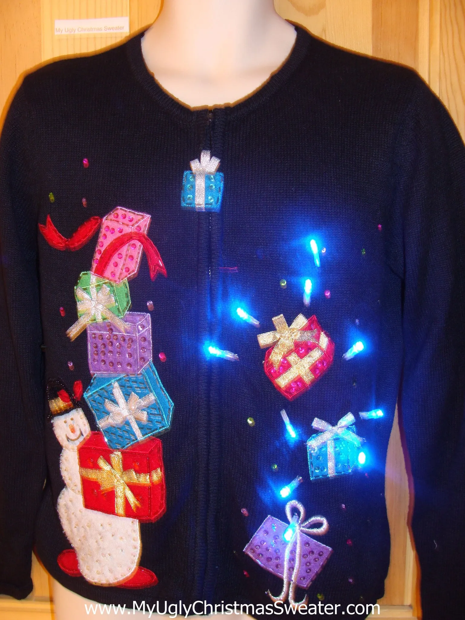 Light Up Christmas Sweater Bling Snowman Toppling Gifts