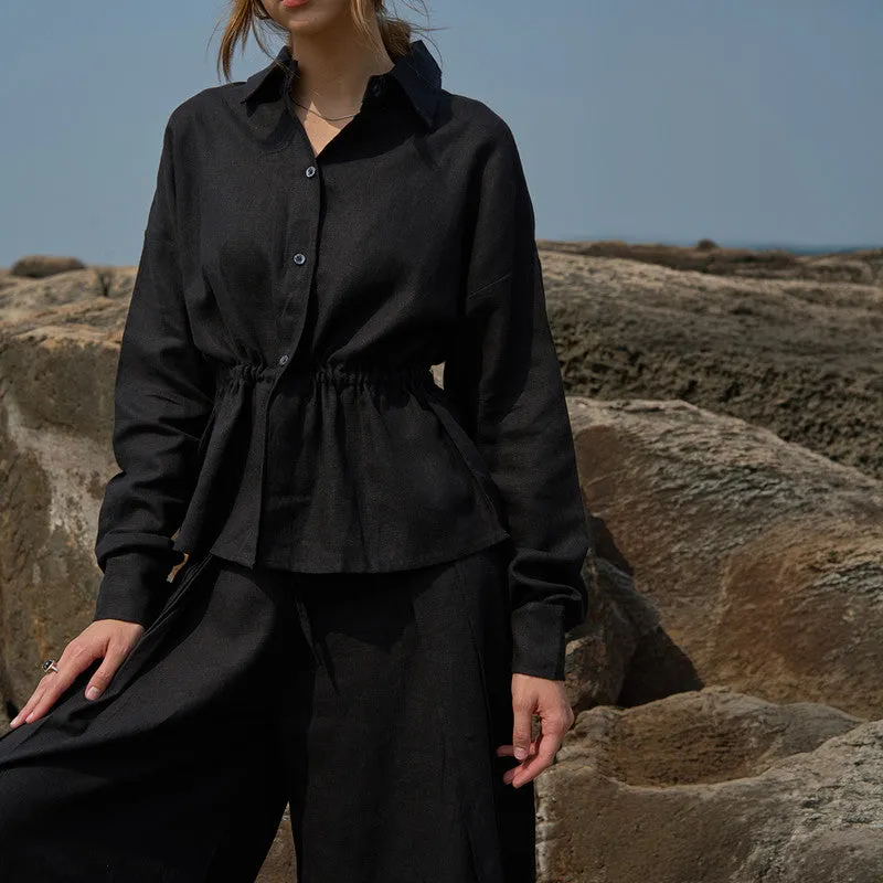 Linen Zuri Co-Ords Set For Women | Pant & Shirt | Black