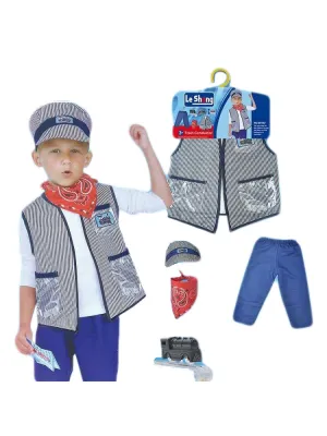 Little Boys Blue Red Train Conductor Halloween Jacket Hat Costume 3-8