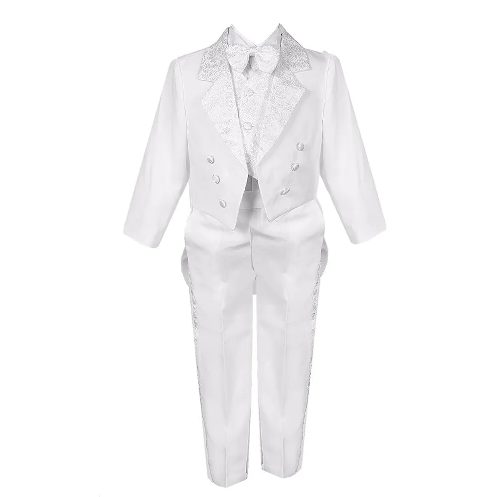 Little Boys White 5 Piece Vest Pants Tail Jacket Jacquard Tuxedo Suit 2-7