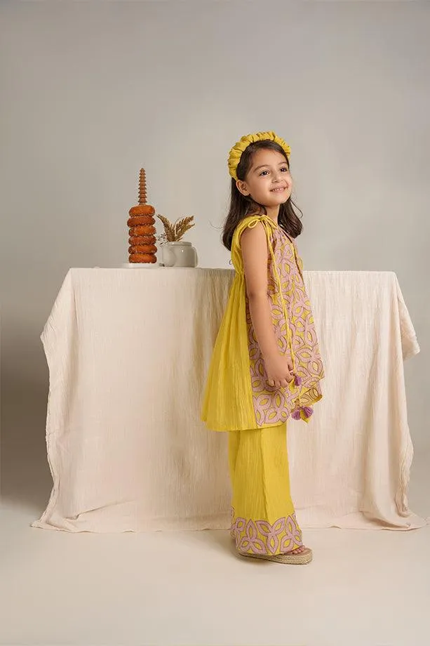 Little Duck- Yellow Chanderi Silk Hand Embroidered Jacket, Crop Top, & Flared Pants Set for Girls