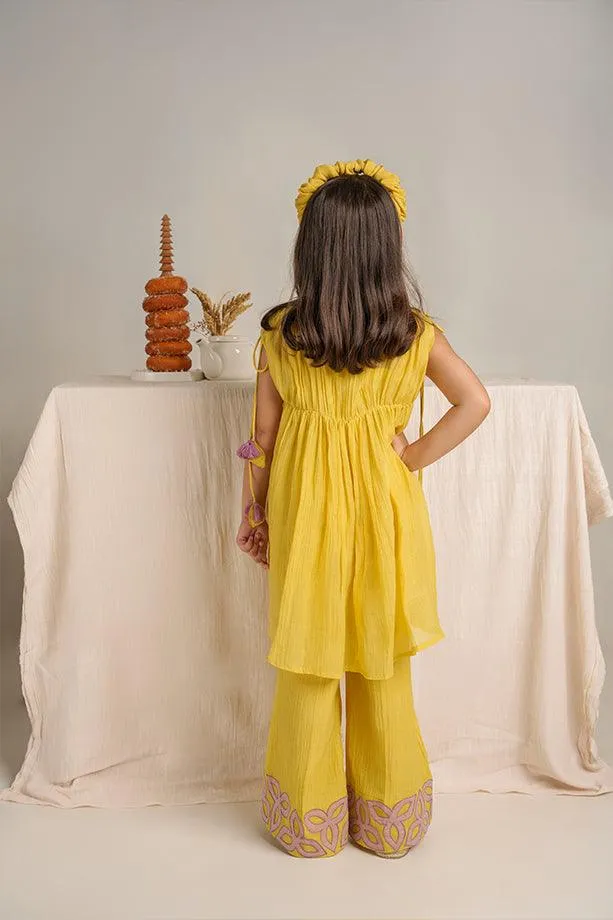 Little Duck- Yellow Chanderi Silk Hand Embroidered Jacket, Crop Top, & Flared Pants Set for Girls