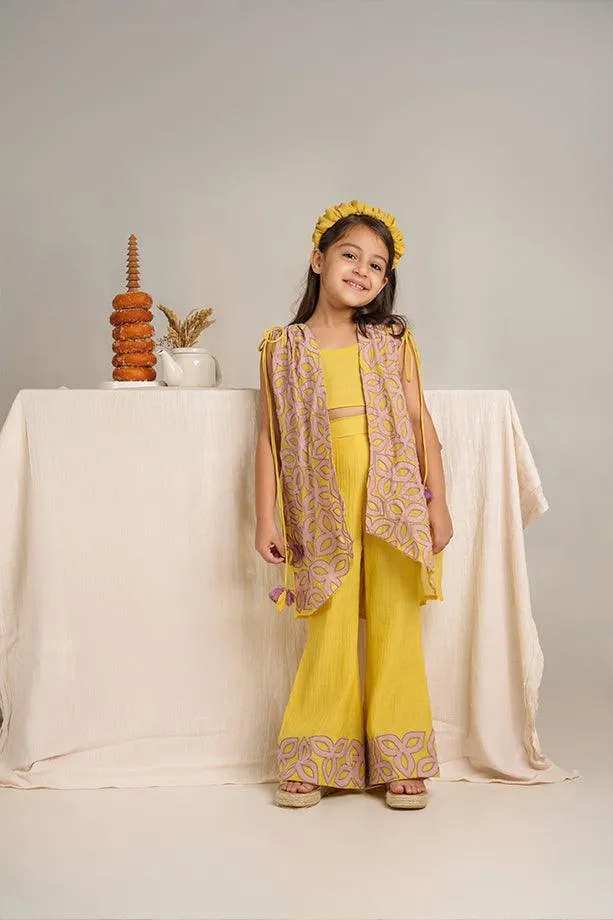 Little Duck- Yellow Chanderi Silk Hand Embroidered Jacket, Crop Top, & Flared Pants Set for Girls