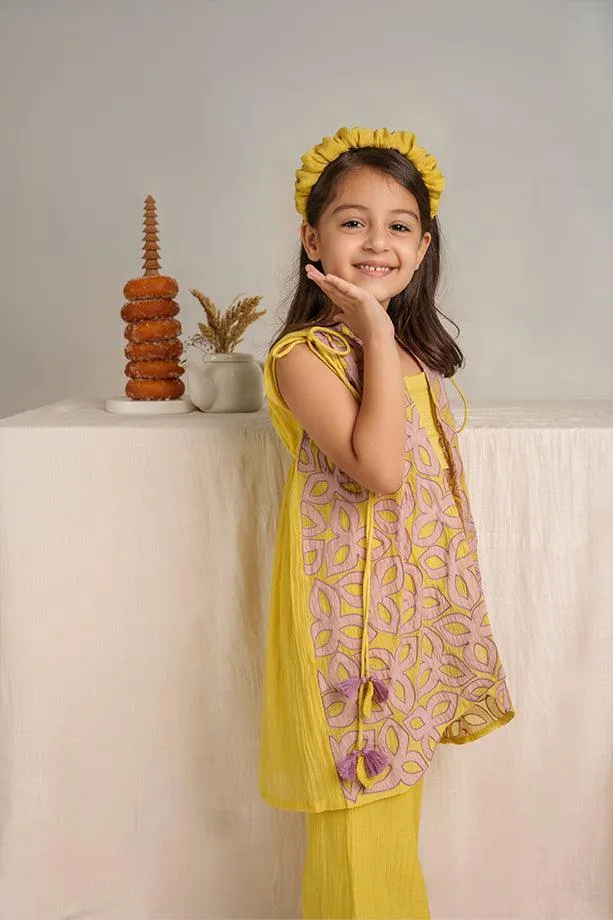 Little Duck- Yellow Chanderi Silk Hand Embroidered Jacket, Crop Top, & Flared Pants Set for Girls