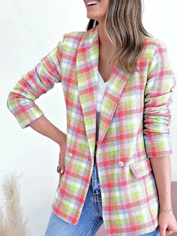 Long sleeve pocket printed plaid slim fit jacket