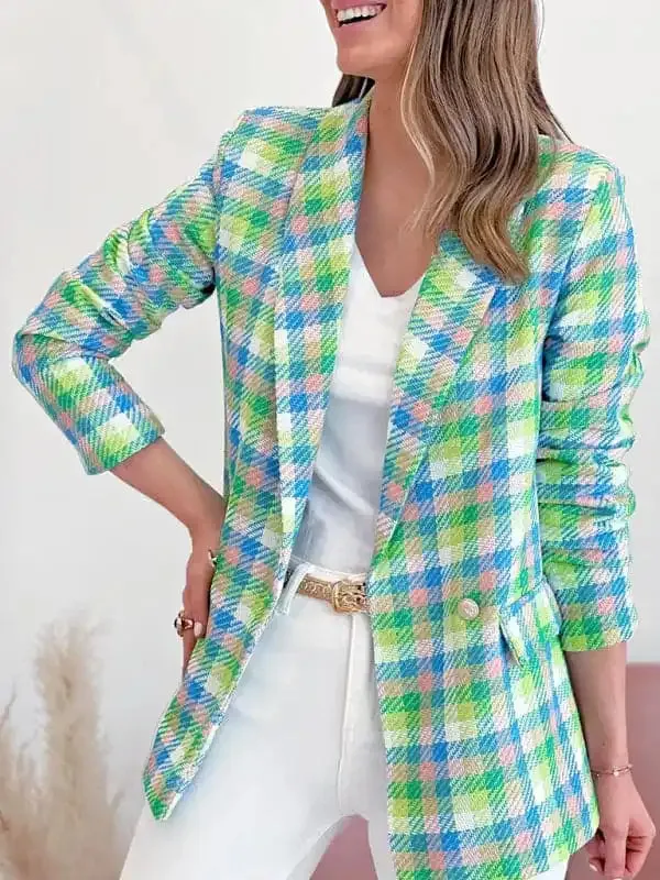 Long sleeve pocket printed plaid slim fit jacket