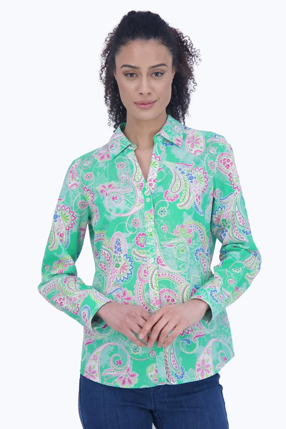 Mary No Iron Green Paisley Shirt