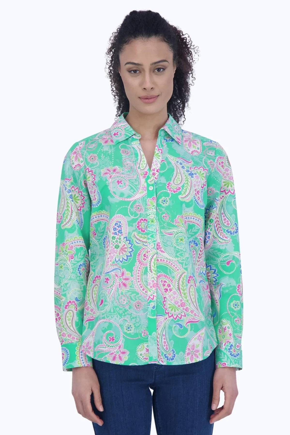 Mary No Iron Green Paisley Shirt