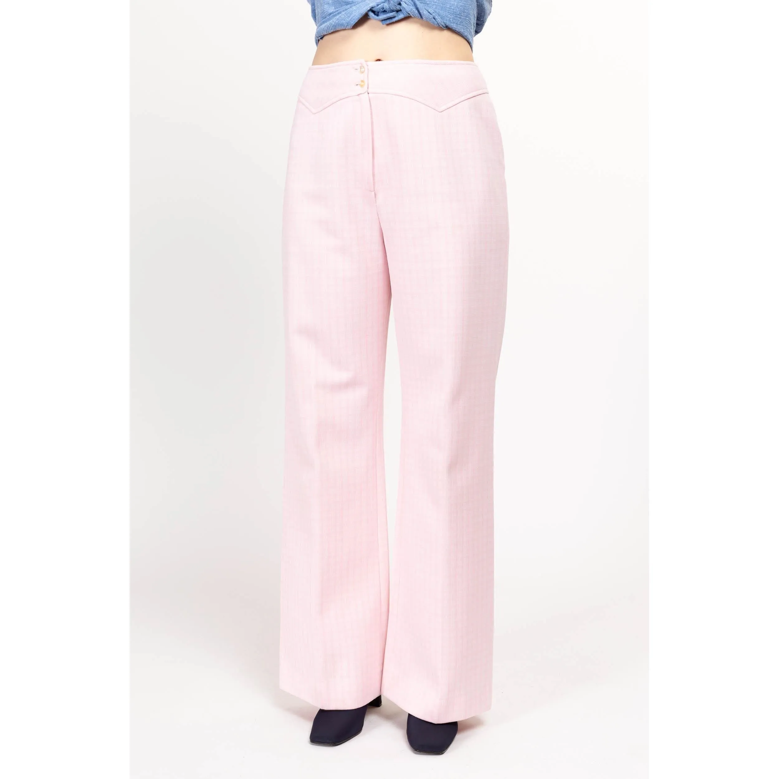 Medium 70s Pastel Pink Plaid Trousers 29"