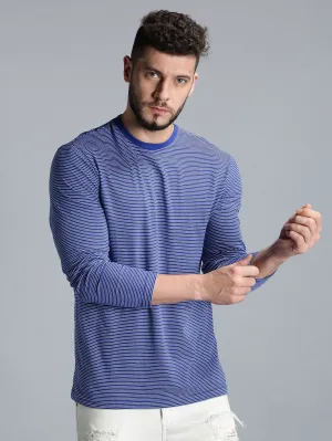 Men Blue White Yarn Dyed Stripes Round Neck Recycled Cotton Full Sleeve Regular Fit Casual T-Shirt