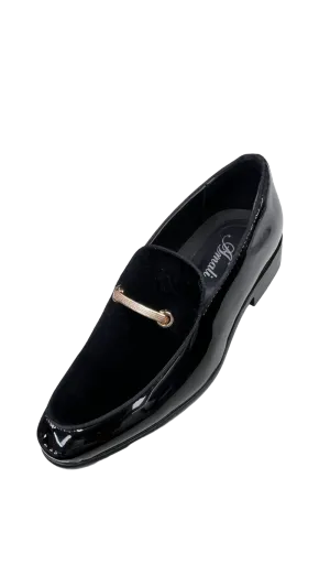 Men's Black Velvet and Patent Leather Loafer Slip On Fancy Style Rose Gold Buckle