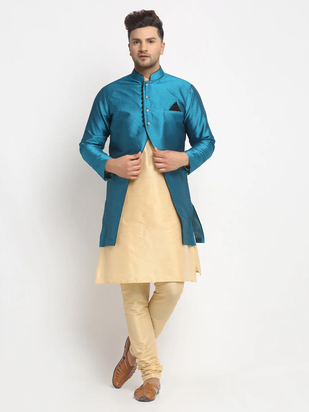 Men's Gold Kurta With Pyjama & Peacock Blue Self Design Jacket - Benstoke