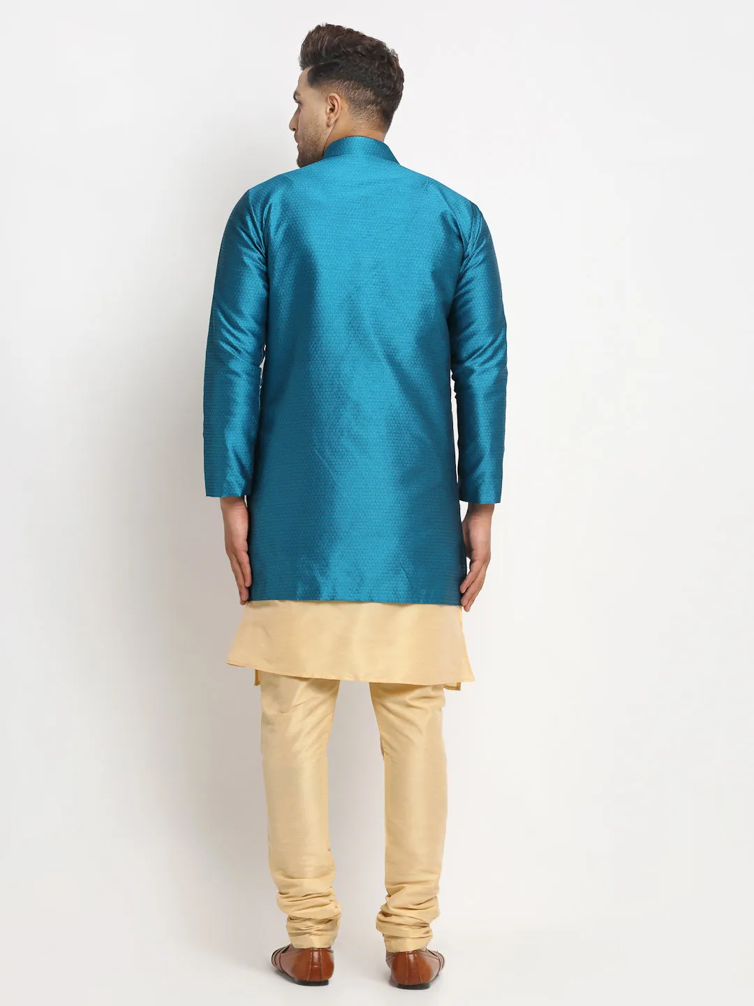 Men's Gold Kurta With Pyjama & Peacock Blue Self Design Jacket - Benstoke