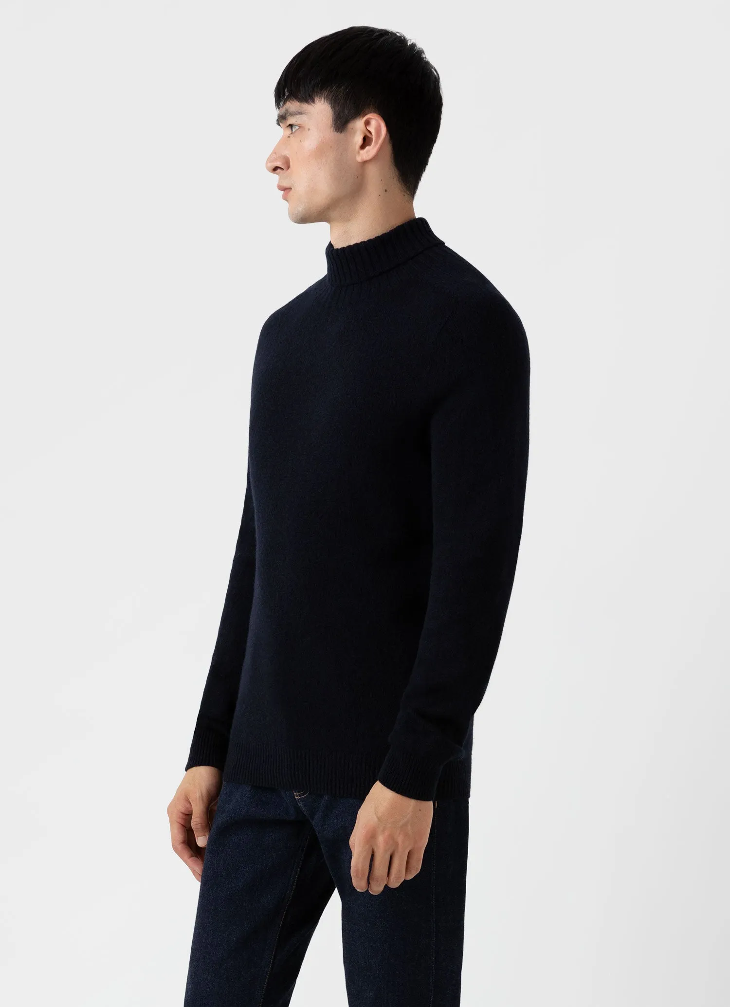 Men's Lambswool Roll Neck in Dark Navy Mouline