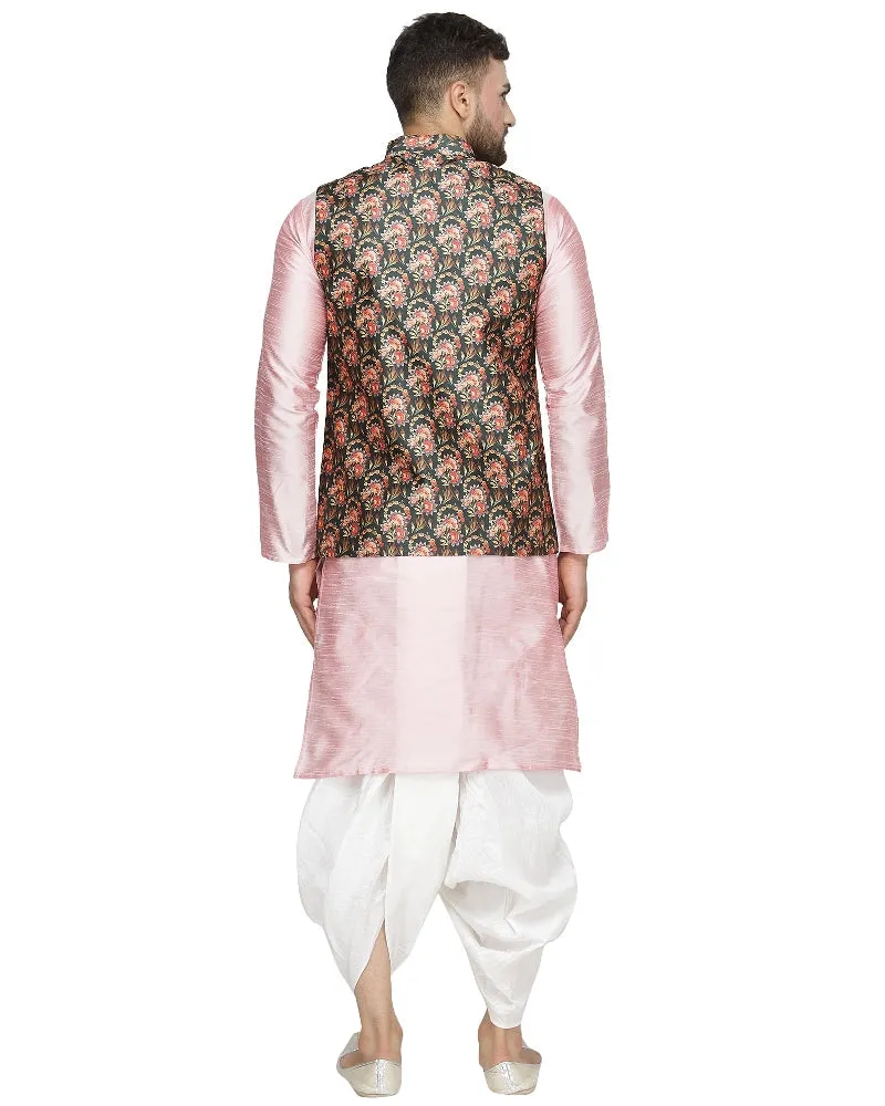 Men's Pink Kurta With White Dhoti & Dark Green Printed Nehru Jacket - Benstoke