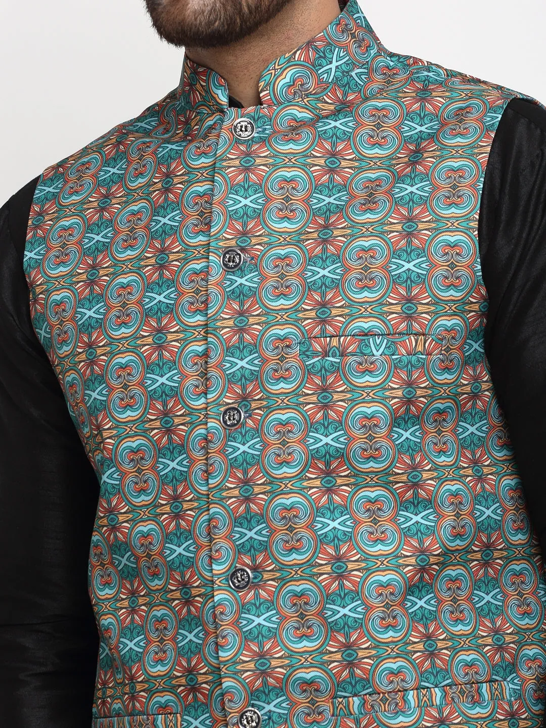 Men's Silk Blend Black Kurta With Pyjama & Sea Green Printed Nehru Jacket - Benstoke