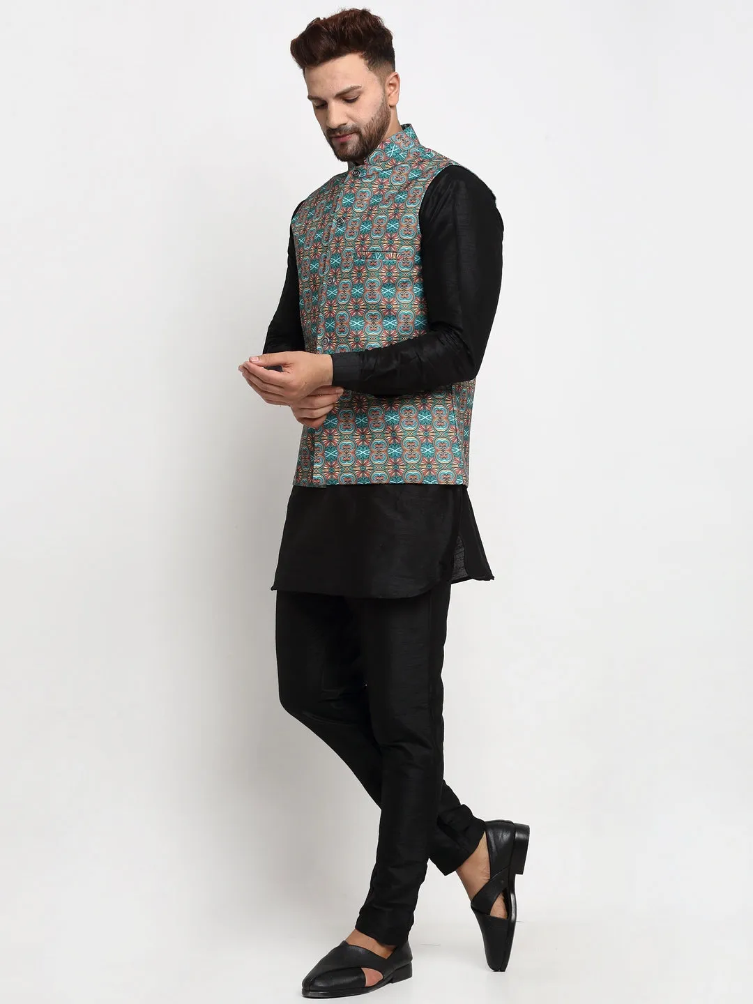 Men's Silk Blend Black Kurta With Pyjama & Sea Green Printed Nehru Jacket - Benstoke