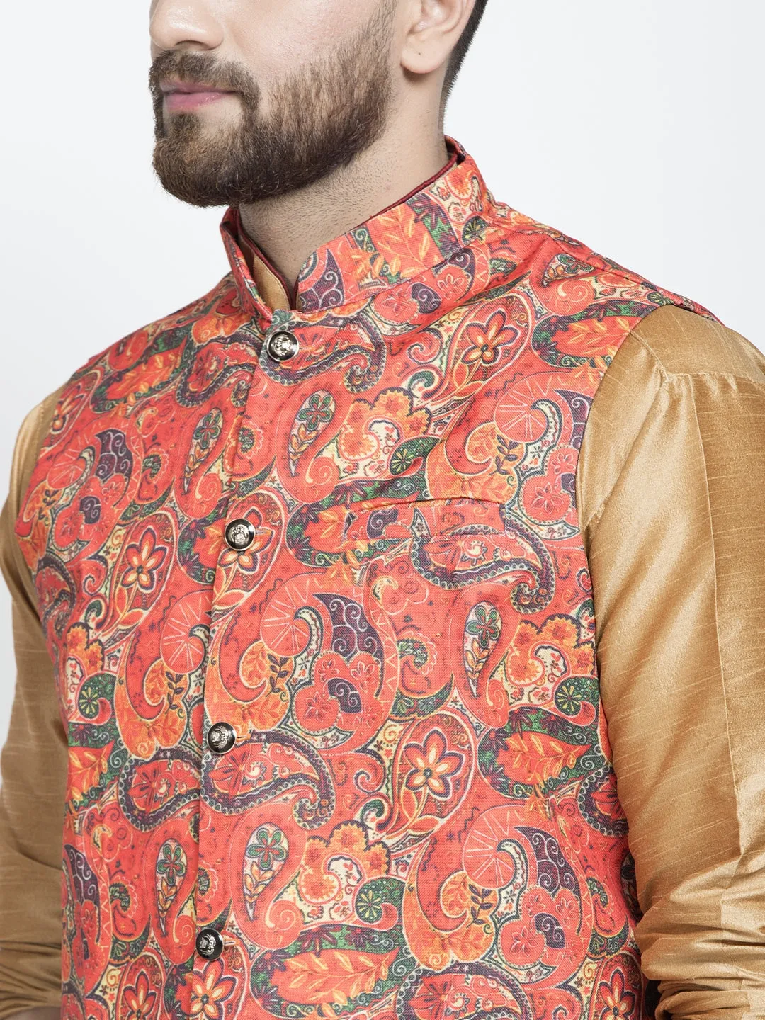 Men's Silk Blend Copper Kurta With Pyjama & Orange Printed Nehru Jacket - Benstoke