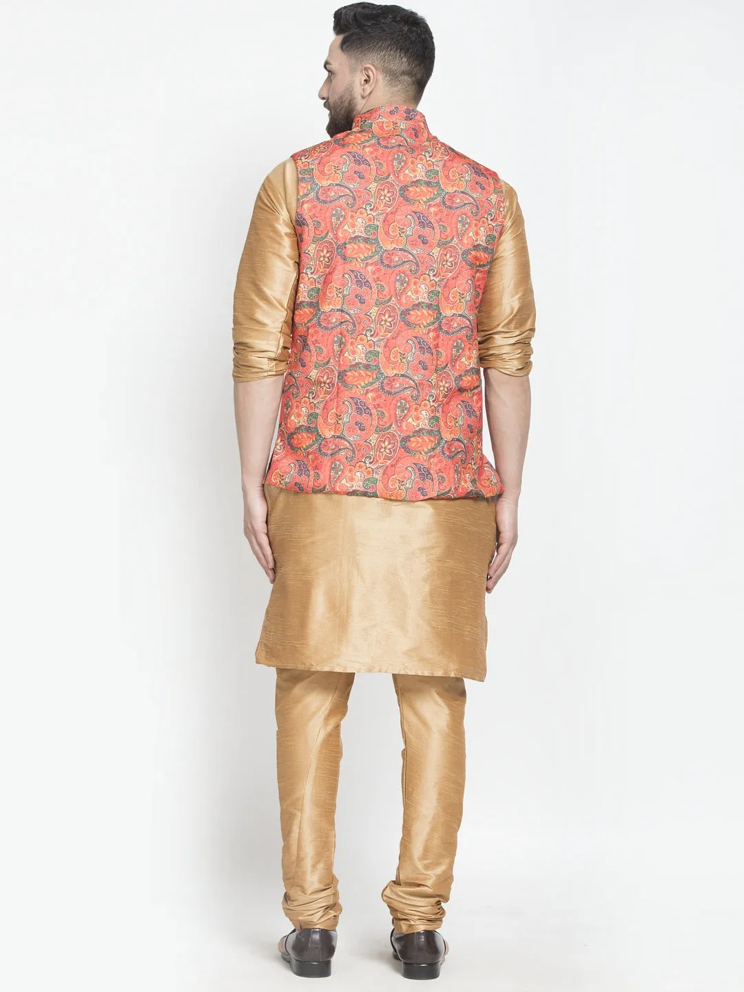 Men's Silk Blend Copper Kurta With Pyjama & Orange Printed Nehru Jacket - Benstoke