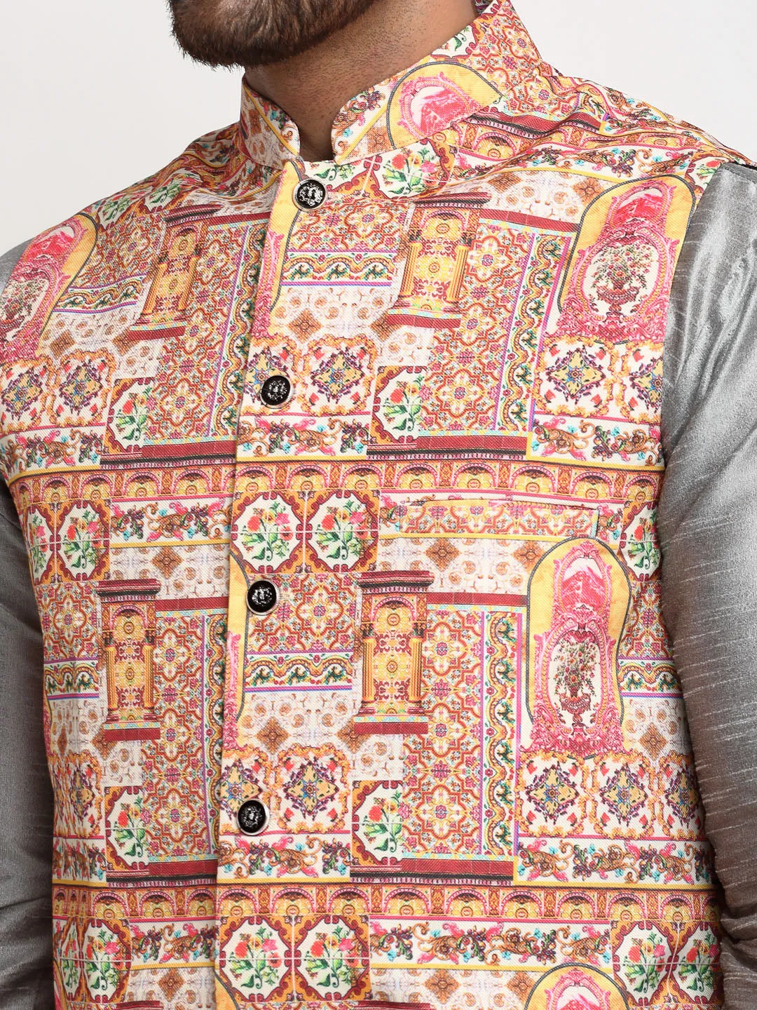 Men's Silk Blend Grey Kurta With Pyjama & Pink Printed Nehru Jacket - Benstoke