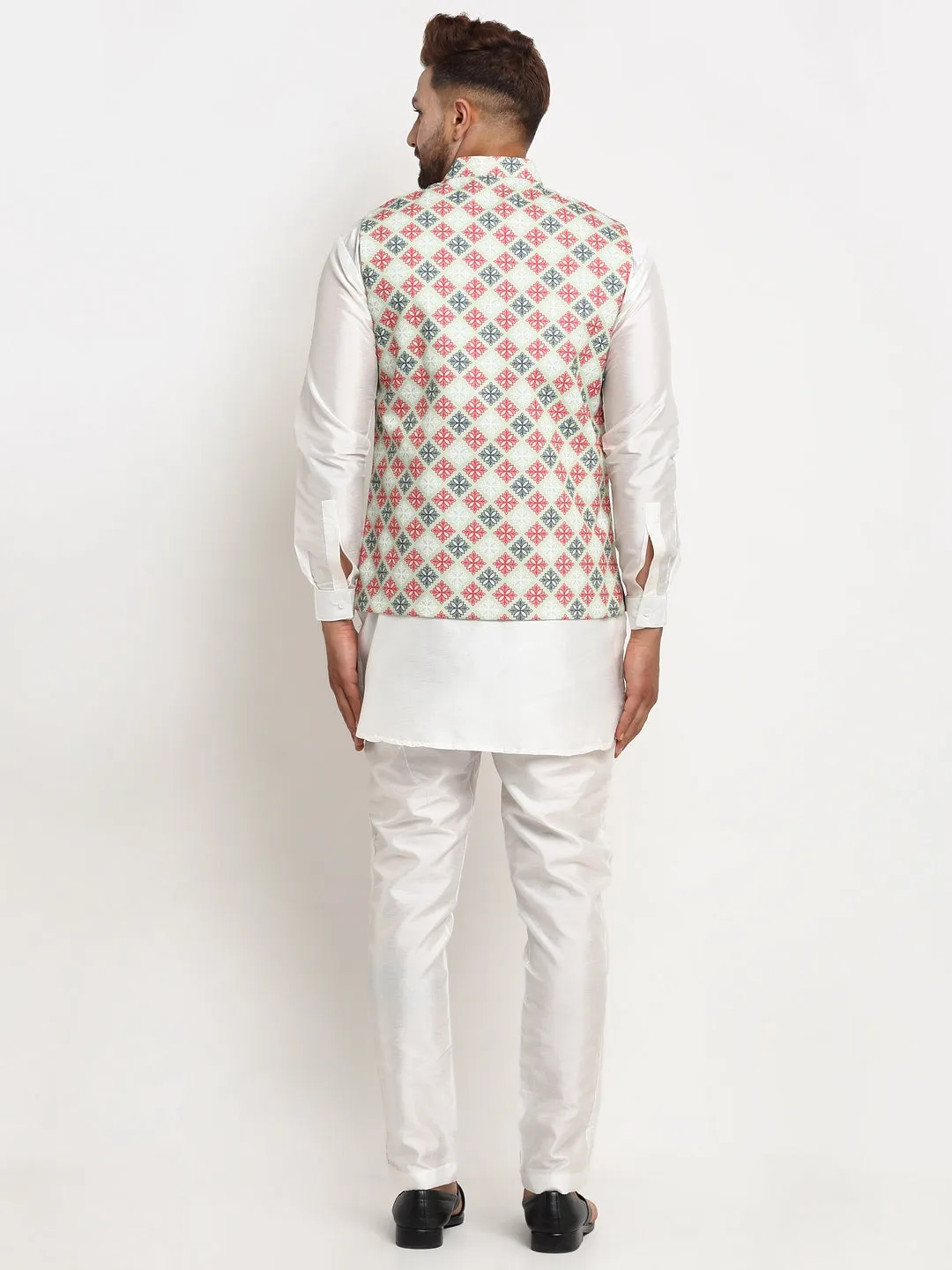 Men's Silk Blend White Kurta With Pyjama & Green Printed Nehru Jacket - Benstoke