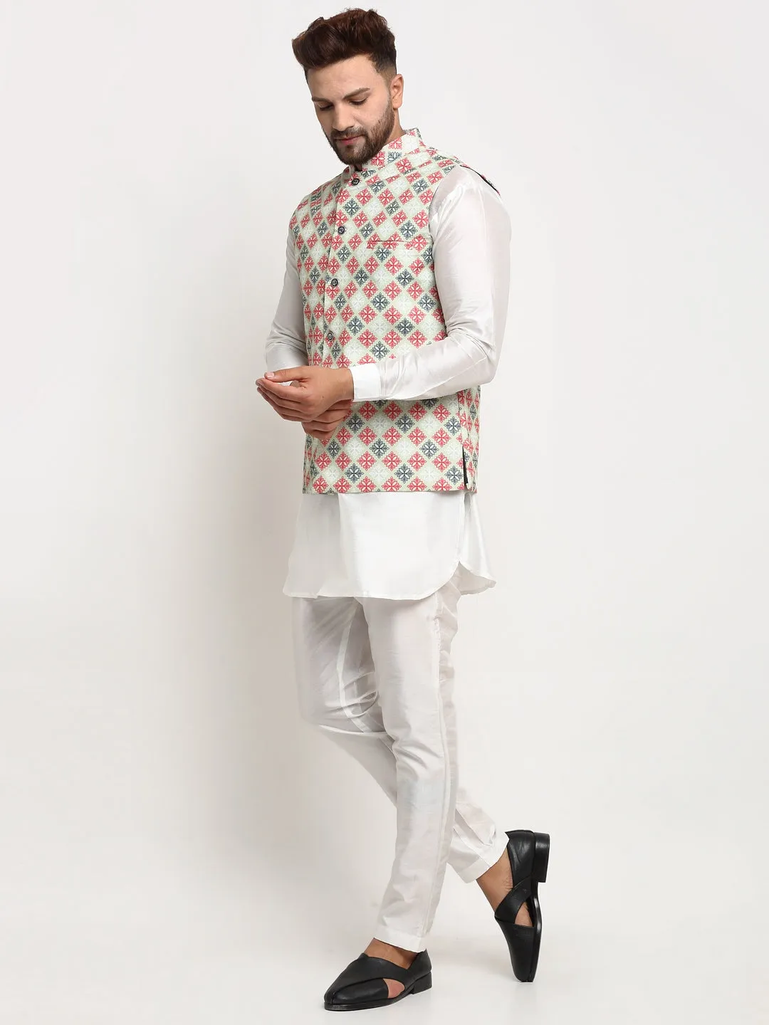 Men's Silk Blend White Kurta With Pyjama & Green Printed Nehru Jacket - Benstoke