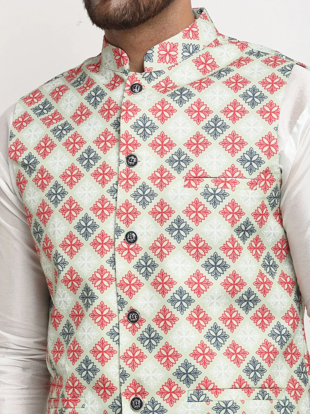 Men's Silk Blend White Kurta With Pyjama & Green Printed Nehru Jacket - Benstoke