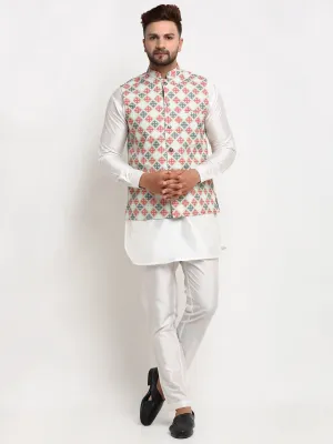 Men's Silk Blend White Kurta With Pyjama & Green Printed Nehru Jacket - Benstoke