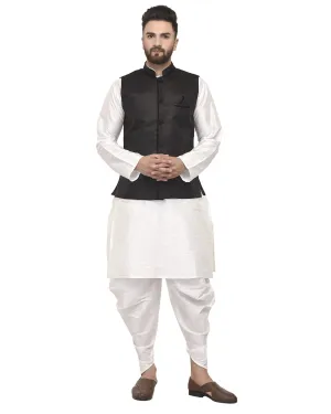 Men's White Kurta With Dhoti & Black Solid Nehru Jacket - Benstoke