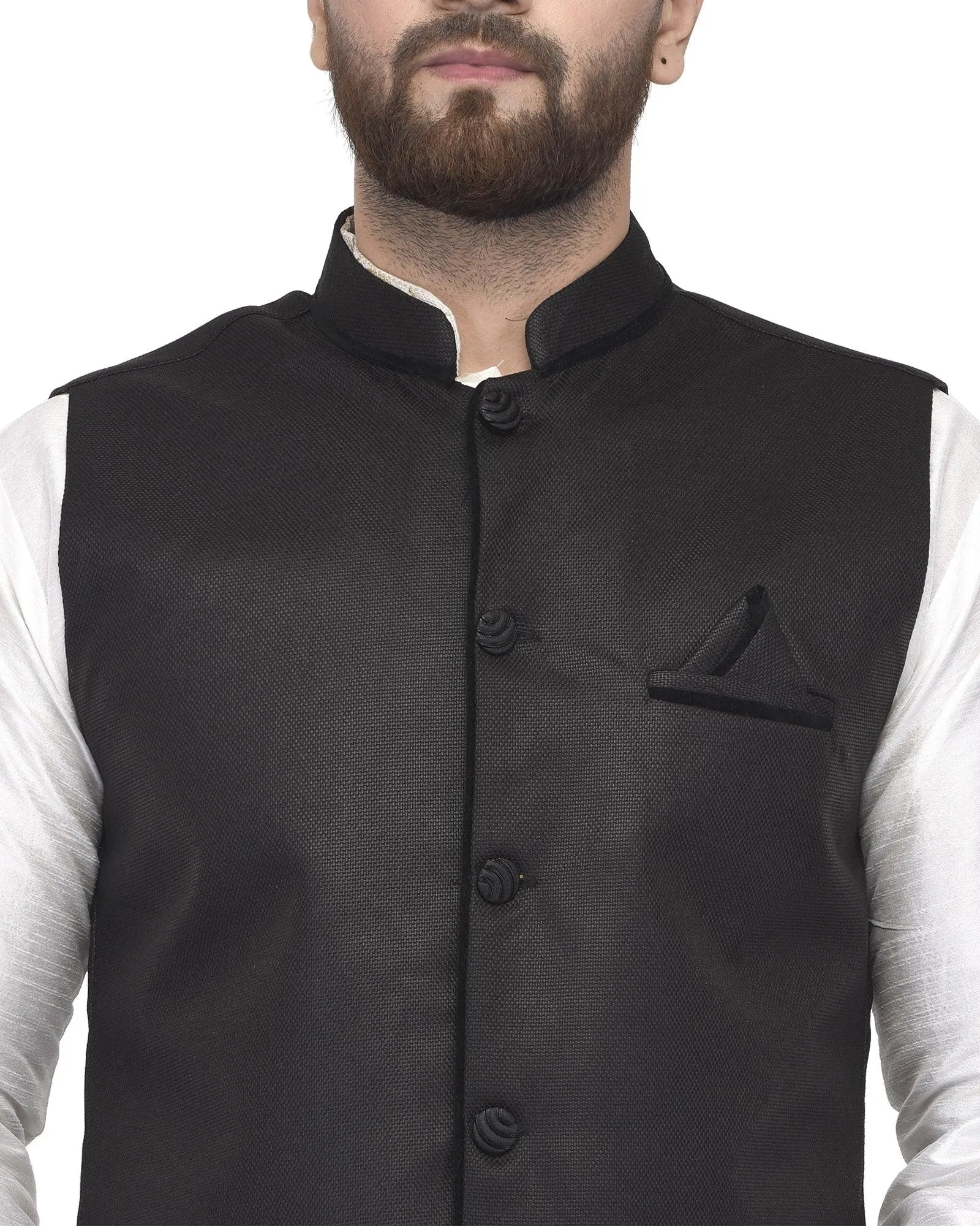 Men's White Kurta With Dhoti & Black Solid Nehru Jacket - Benstoke